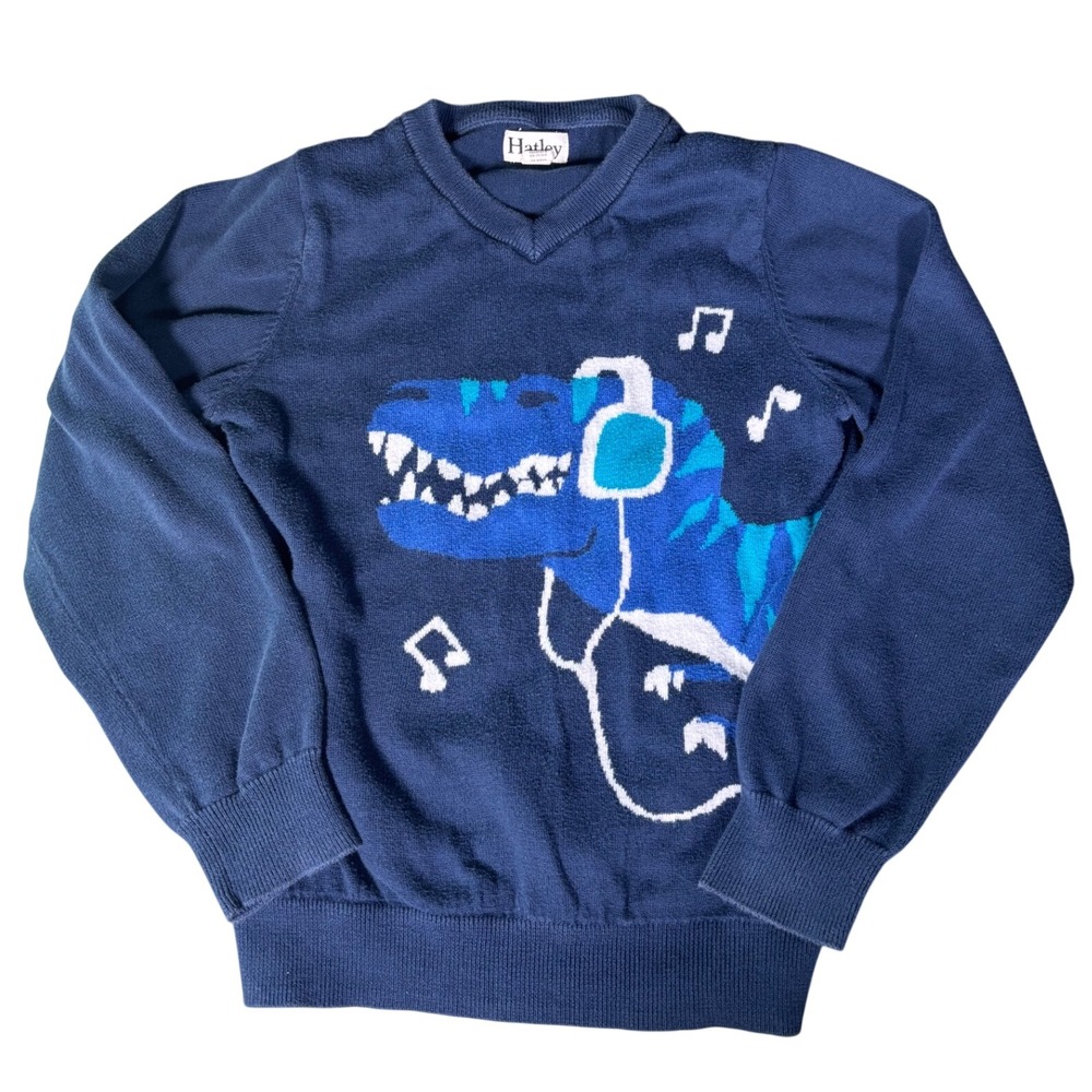 Hatley Boys Navy Blue Cotton Dinosaur T-Rex Music Headphones Sweater Size 7